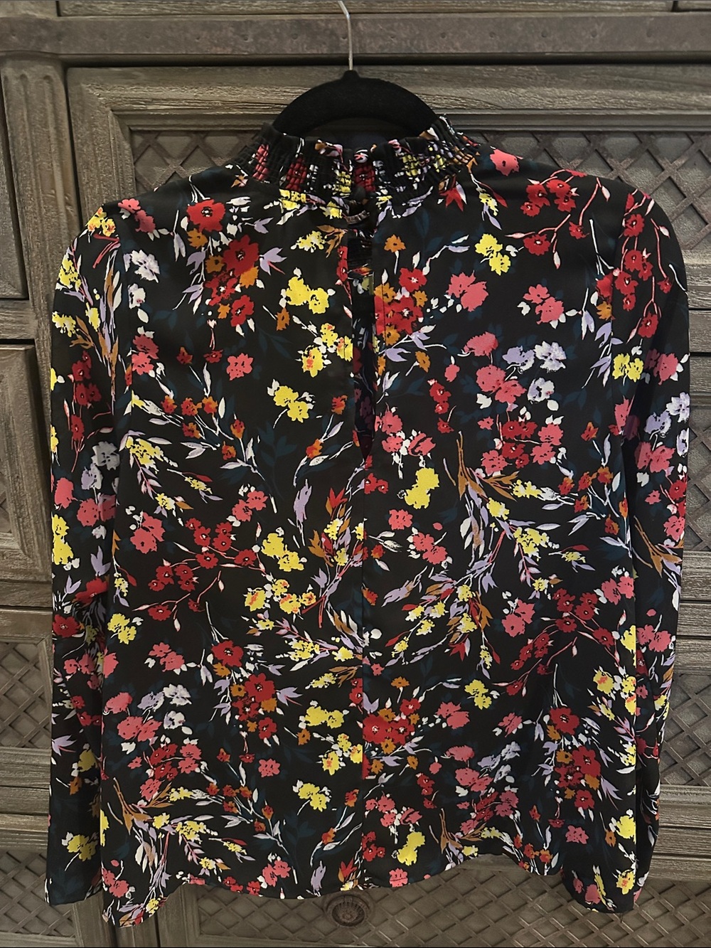 Allison Joy Black Floral Mock-Neck Blouse with Red & Yellow Flowers - Picture 3 of 4